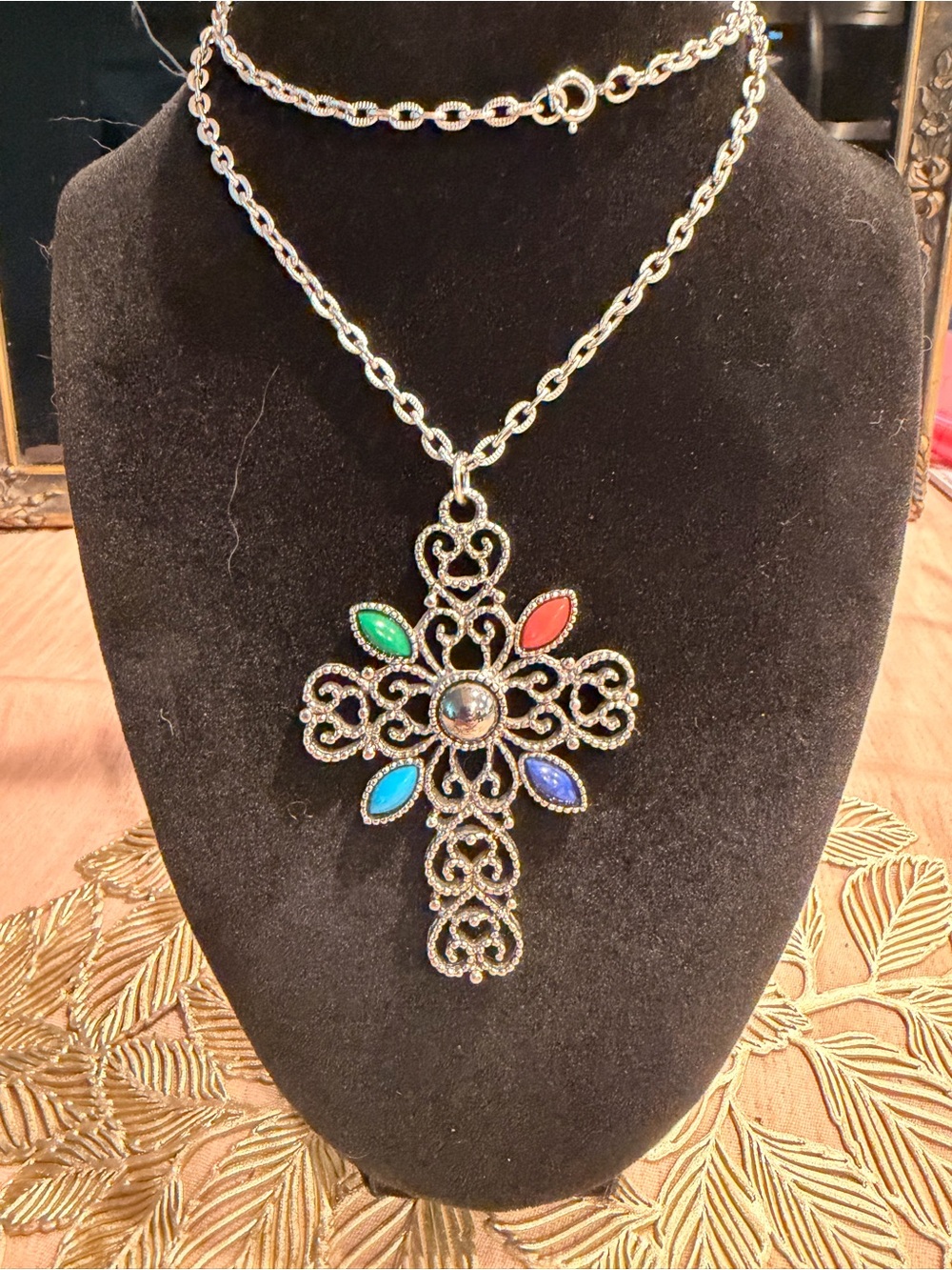 Avon-Style Multicolor Cross Pendant Necklace - Silver Tone